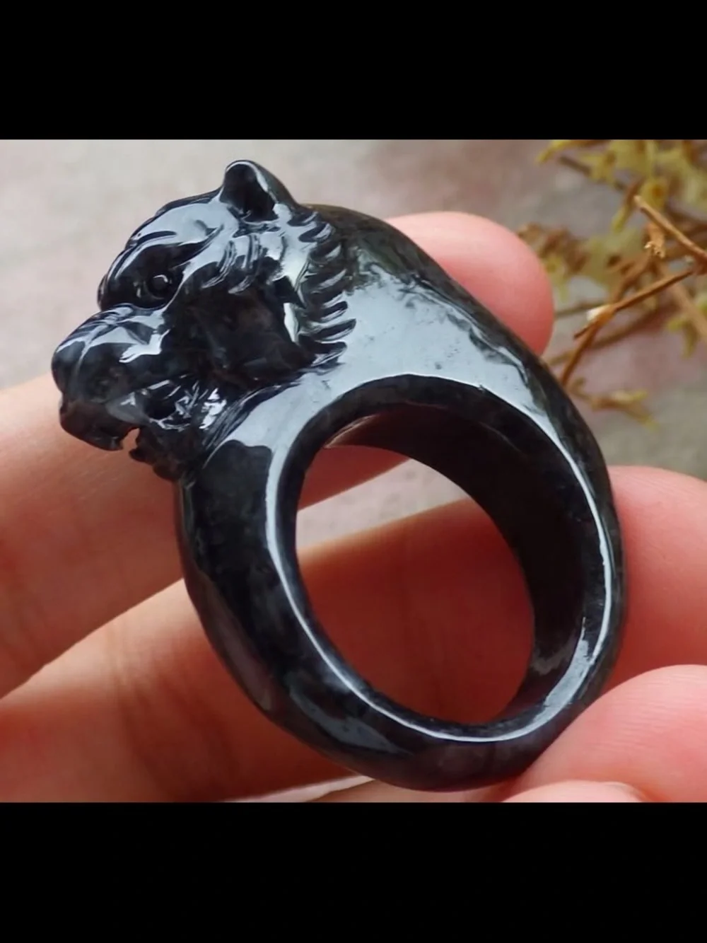 Certificate JADEITE Jade carved black Tiger luck good fortune ring size 7.75